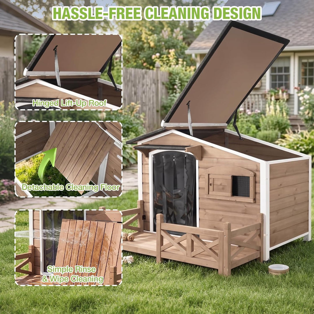 MEDEHOO 44.6" Large Dog House Outdoor Weatherproof Dog Kennel Shelter, Chew-Proof Full Metal Frame, Waterproof Openable Roof, Spacious Porch for Medium to Large Breeds, Light Brown