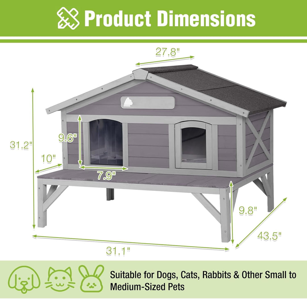 MEDEHOO Outdoor Cat House Weatherproof with 3 Entry Doors, Elevated Base &amp; PVC Curtain, Indoor/Outdoor Kitty Shelter for Small-Medium Pets