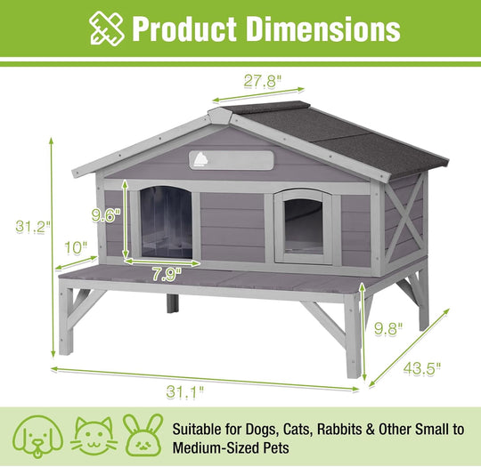 MEDEHOO Outdoor Cat House Weatherproof with 3 Entry Doors, Elevated Base &amp; PVC Curtain, Indoor/Outdoor Kitty Shelter for Small-Medium Pets