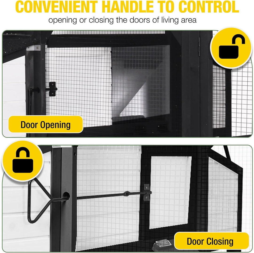 MEDEHOO Extra Large Chicken Coop for 8-10 Chickens, Reinforced Outdoor Wooden Hen House with Run, 6 Nesting Boxes, Easy Clean Pull-Out Tray, Waterproof Asphalt Roof - Black, 118" L x 26" W x 50" H
