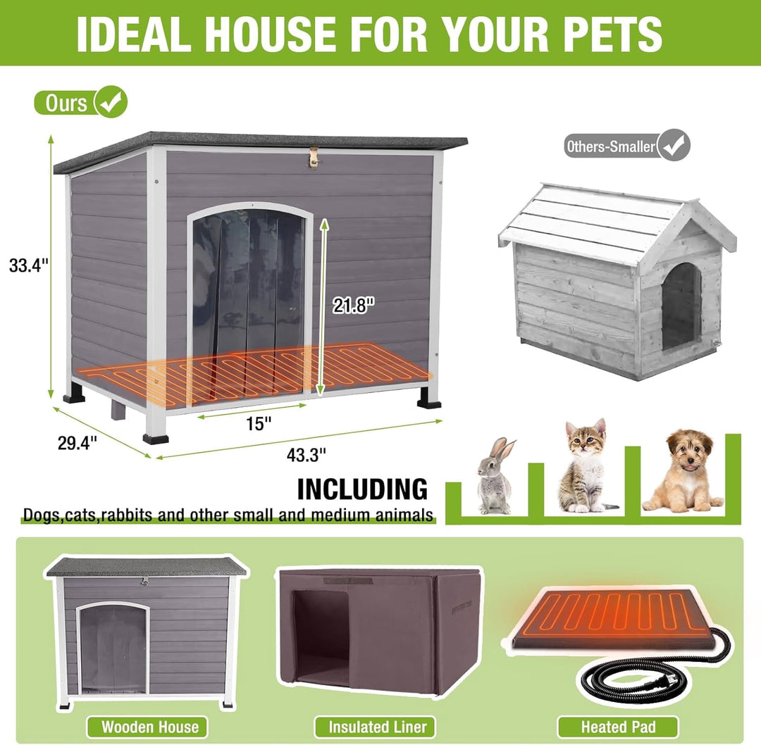Extra Large Heated Insulated Dog House Outdoor Weatherproof XL Dog Kennel with Thermostat-Controlled Heating Pad, Thermal Liner, Chew-Proof Metal Frame for Large Dogs (Grey) AIR43-M-HP-J