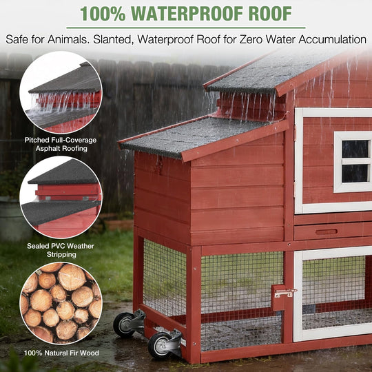 MEDEHOO Mobile Chicken Coop with Wheels for 2-4 Chickens, Backyard Expandable Chicken House Duck Cage with Run, 2 Nesting Boxes, Easy Clean Pull-Out Tray, Leak-Resistant Asphalt Roof, 72.3" SAIR23-R-WM