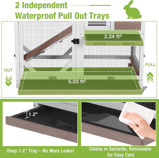 MEDEHOO 2-Story Rabbit Hutch with Wheels, Indoor Outdoor Wooden Rabbit Cage with Ramp &amp; Leak-Proof Trays for Rabbits &amp; Guinea Pigs, Brown RC-AIR7013-MC-WM