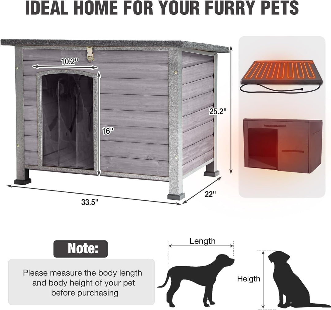 MEDEHOO 33.3’’ Heated Outdoor Dog House Weatherproof Insulated Dog Kennel with Metal Frame, Dog Shelter with Heating Pad, 6-Sided Insulated Liner and PVC Door Curtain for Winter (Grey)