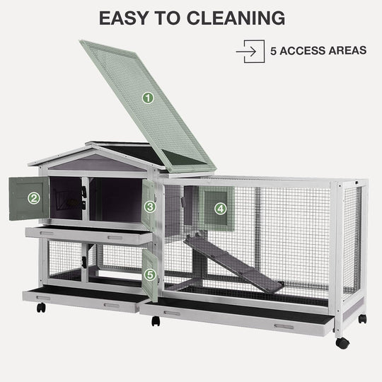 MEDEHOO 2-Story Indoor Rabbit Hutch with Chew-Proof Outdoor Rabbit Cage with 6 Locking Casters Bunny Cage 2 Pull-Out Trays Guinea Pigs Cage 62" Gray