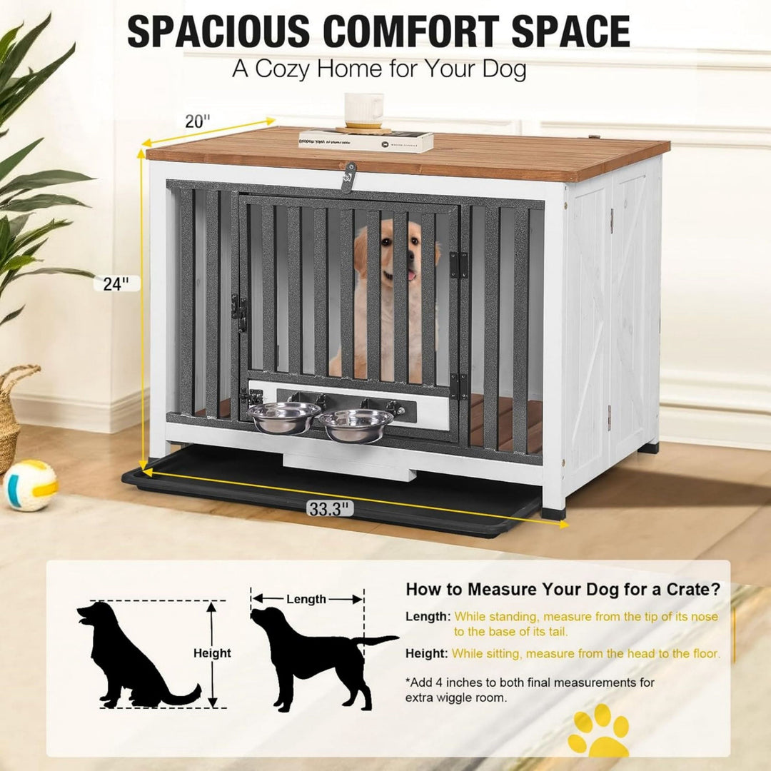 MEDEHOO Folding Dog Crate Furniture Portable Metal Dog Kennel with Dog Bowls &amp; Tray, Dog Crate for Small &amp; Medium Dogs with Opening Roof
