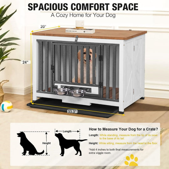 MEDEHOO Folding Dog Crate Furniture Portable Metal Dog Kennel with Dog Bowls &amp; Tray, Dog Crate for Small &amp; Medium Dogs with Opening Roof