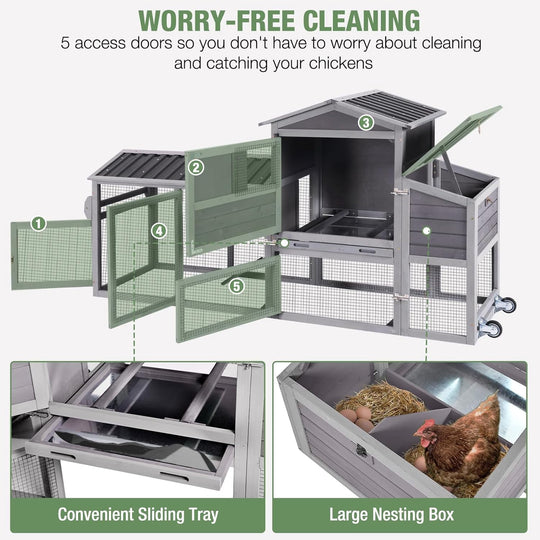 MEDEHOO 83" Large Chicken Coop for 4-6 Chickens, Mobile Hen House Outdoor Wooden Poultry Cage with Wheels Nesting Box Run