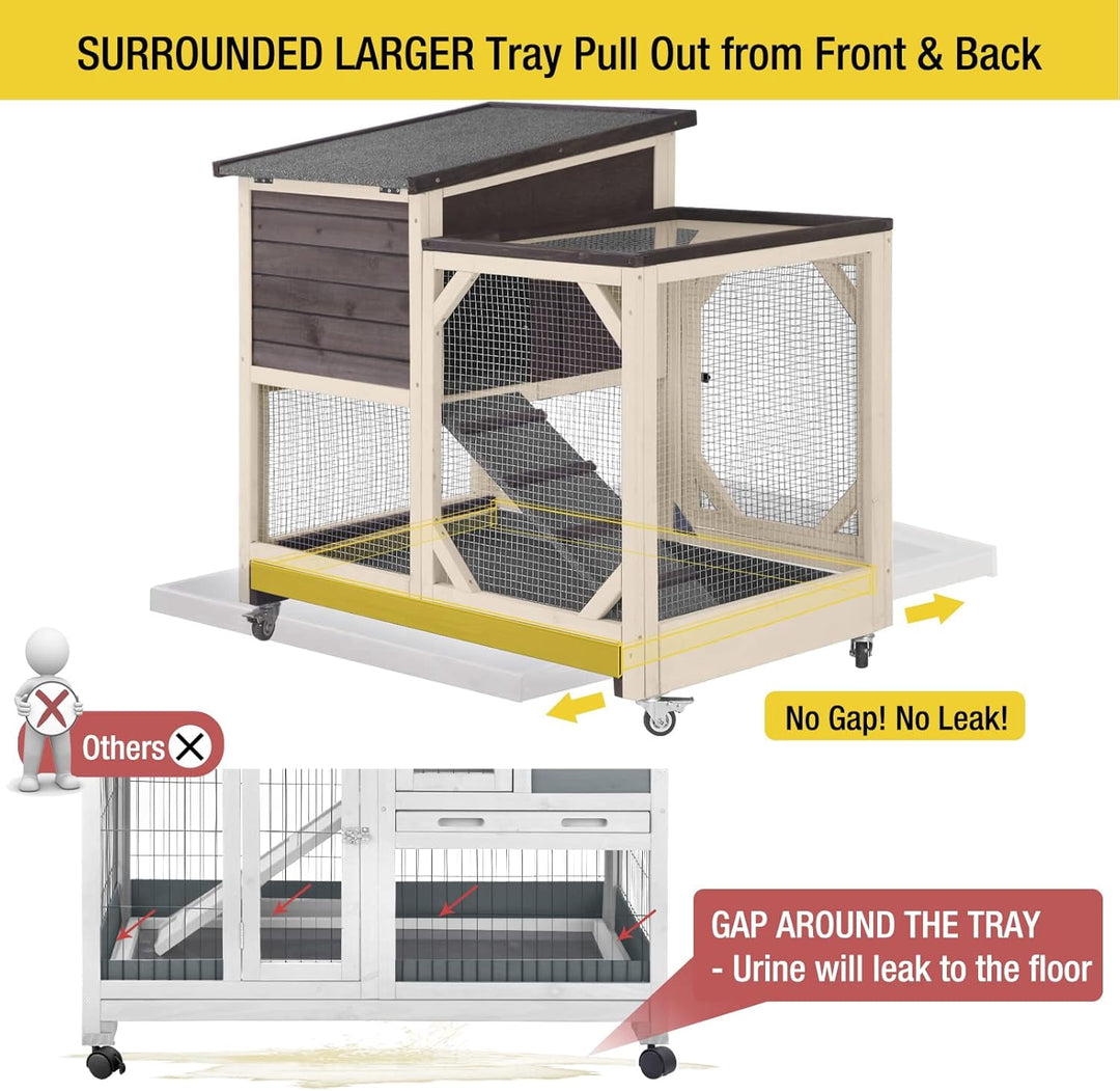MEDEHOO Rabbit Hutch Rabbit Cage Indoor Bunny Hutch with Run Outdoor Rabbit House with Two Deeper No Leak Trays - 4 Casters Include (Without Bottom Wire Netting)