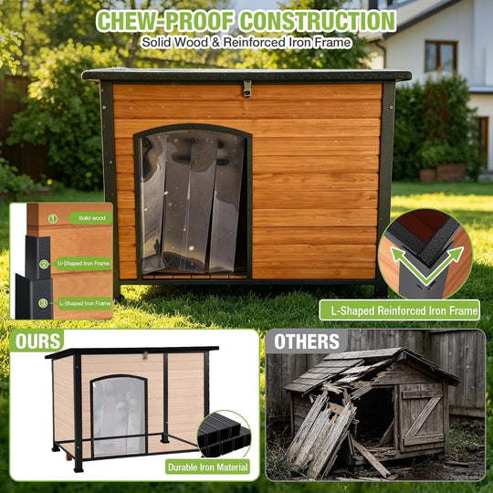 MEDEHOO Heated Outdoor Dog House with Insulated Liner for Medium Breeds Weatherproof Wooden Dog Kennel with Openable Asphalt Roof, Chew-Proof Metal Frame Brown