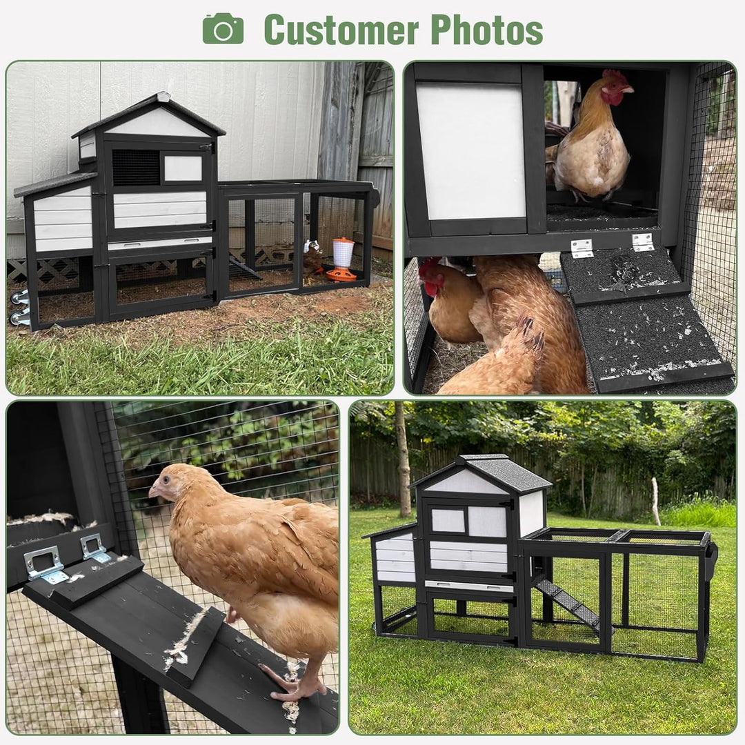 MEDEHOO Mobile Chicken Coop with Wheels for 2-4 Chickens, Expandable Wooden Hen House with Divided Nesting Box, Reinforced Coop Balcony, Roosting Perch, Metal Pull-Out Tray, 82.4" L (Black ＆ White)