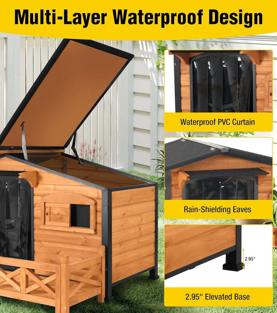 MEDEHOO Dog House Outdoor with Anti-Chewing Metal Frame, Wooden Dog Kennel with Sliding Window, Detachable Floor, Weatherproof Roof - Natural
