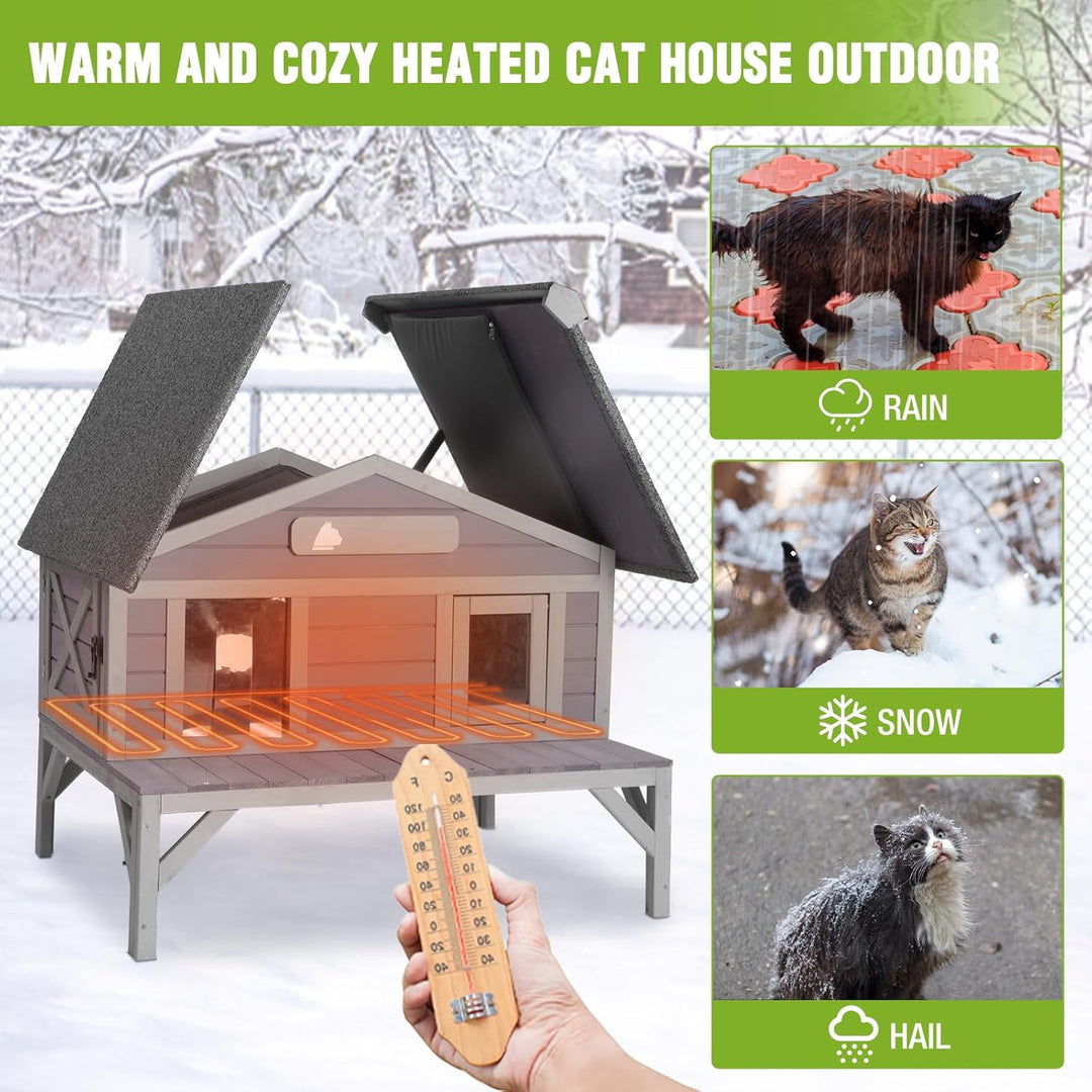 MEDEHOO Heated Cat House for Outside Insulated Feral Cat Shelter Outdoor for Winter, Weatherproof Kitty Condo with Heated Pad Indoor Gray AIR92M-IN-HP-2AML-WM