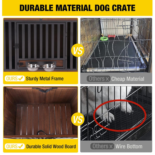 MEDEHOO Folding Dog Crate Furniture Portable Metal Dog Kennel with Bowls &amp; Tray, Dog Crate for Small &amp; Medium Dogs with Opening Roof, Brown