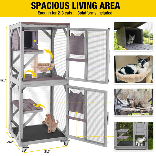 MEDEHOO Outdoor Cat Catio with Wheels, 62.8" Tall 3-Tier Wooden Cat Enclosure with 3 Platforms, Resting Box and Waterproof Fabric Roof AIR22-M-WM