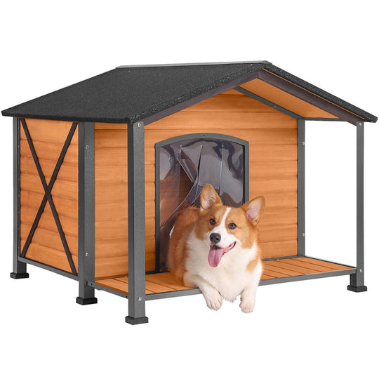 MEDEHOO Anti-Chewing Outdoor Dog House with Iron Frame, 41.4"D Weatherproof Wooden Dog Kennels with Large Porch for Outdoor &amp; Indoor, Brown