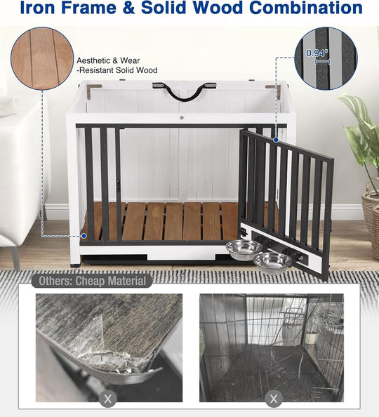 MEDEHOO Dog Crate Furniture, Foldable Wooden Dog Kennel Furniture with 360° Rotating Feeding Bowls, Iron Frame Dog Crate with Deepened Sliding Tray, 33" L - White Brown