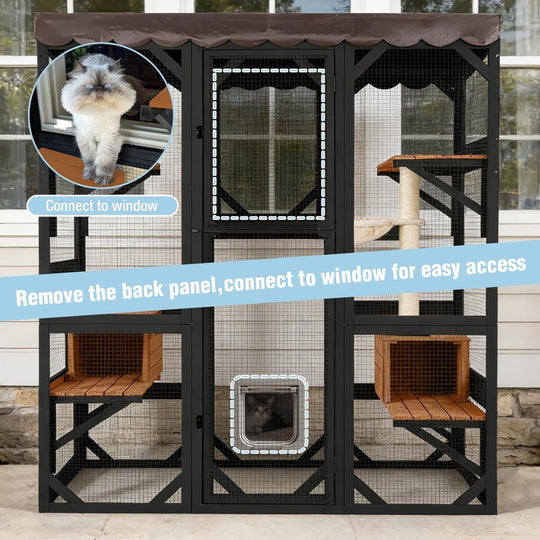 MEDEHOO Catio Outdoor Cat Enclosure 70" Large Window Catio Wooden Cat House Walk-in Cat Cage with 7 Platforms Waterproof Cover for 2-6 Cats (Black) AIR37-M-B-J-WM