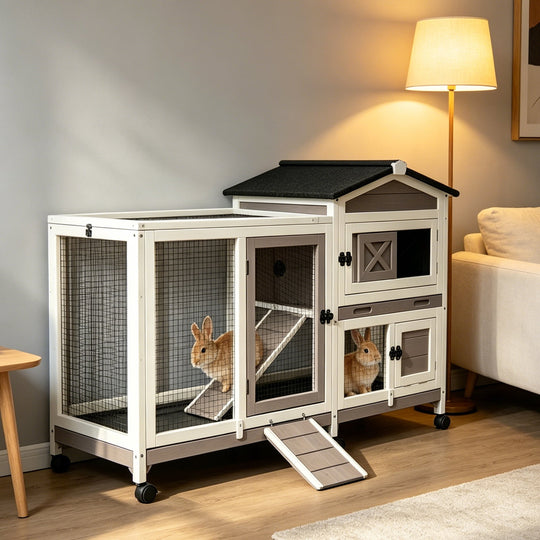 MEDEHOO 55.2" 2-Story Rabbit Hutch Indoor Outdoor, Heavy Duty Full Metal Bunny Cage with 6 Locking Wheels, 2 Pull-Out Trays, Chew-Proof Ramp &amp; Waterproof Roof for Guinea Pigs Small Pets