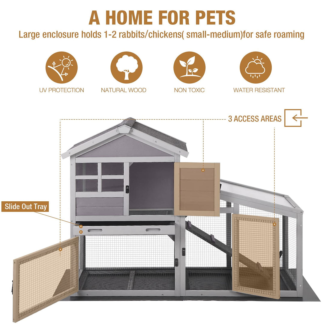 MEDEHOO Wooden Rabbit Hutch - Outdoor/Indoor Bunny Cage with Run, Pull-Out Upper Tray, 51.6"L x 25.2"W x 36.2"H, Grey AIR13-N