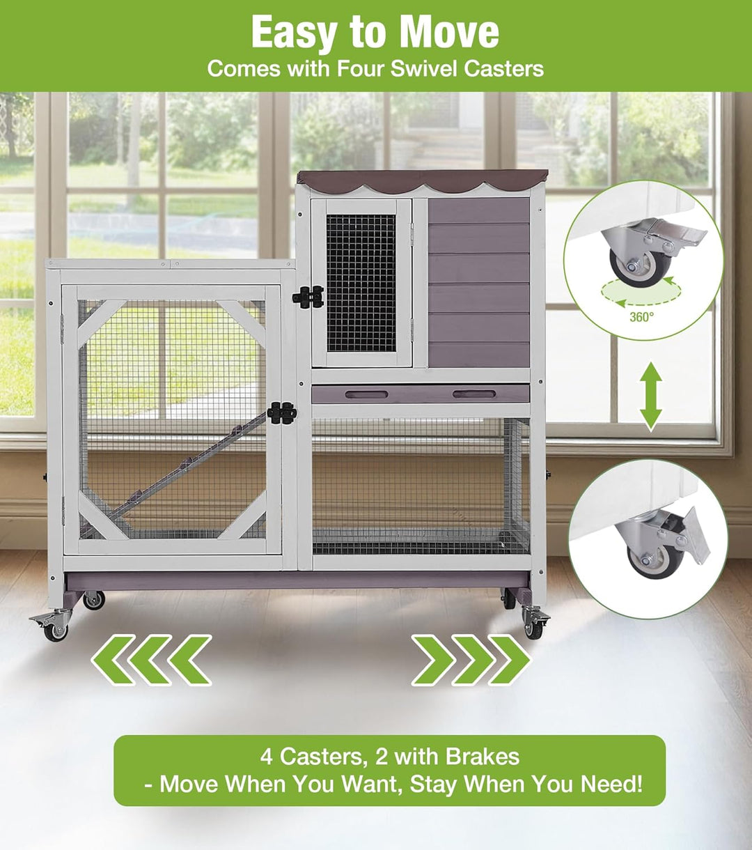 MEDEHOO Duplex Rabbit Hutch Indoor with Chew-Proof Frame &amp; 2 Leak-Proof Sliding Trays, Rain Cover, Wooden Guinea Pig Cages with Wheels - Grey AIR7013-G-2-AD-WM