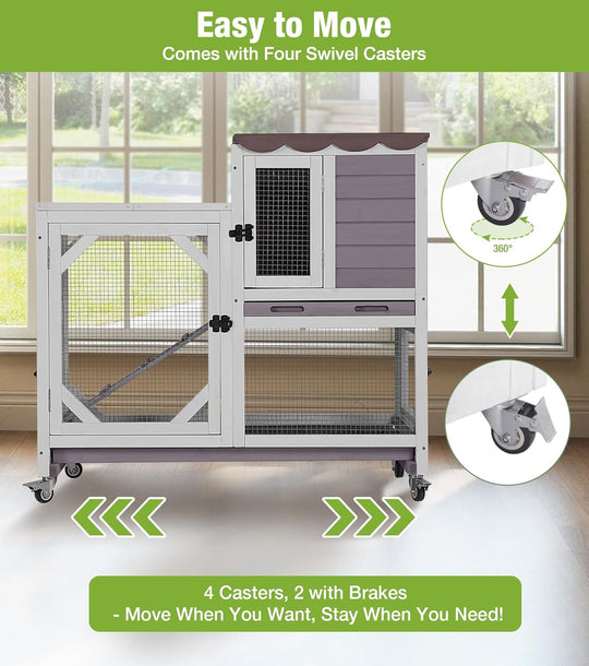 MEDEHOO Duplex Rabbit Hutch Indoor with Chew-Proof Frame &amp; 2 Leak-Proof Sliding Trays, Rain Cover, Wooden Guinea Pig Cages with Wheels - Grey AIR7013-G-2-AD-WM
