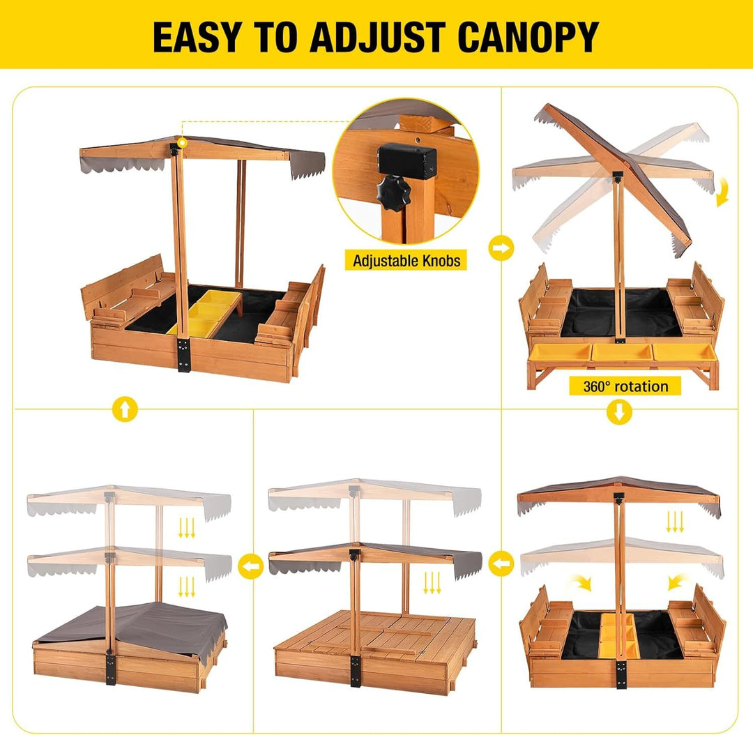 MEDEHOO Wooden Sandbox with Cover | Large Sandpit for Kids Outdoor with Adjustable Canopy Backyard Play with Movable Toy Bins GUT080-WM