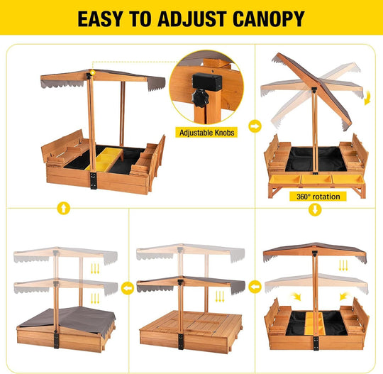 MEDEHOO Wooden Sandbox with Cover | Large Sandpit for Kids Outdoor with Adjustable Canopy Backyard Play with Movable Toy Bins GUT080-WM