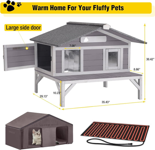 MEDEHOO Heated Outdoor Cat House, All-Sided Insulated Cat Shelter with Heating Pad, Weatherproof Winter Home with Escape Doors