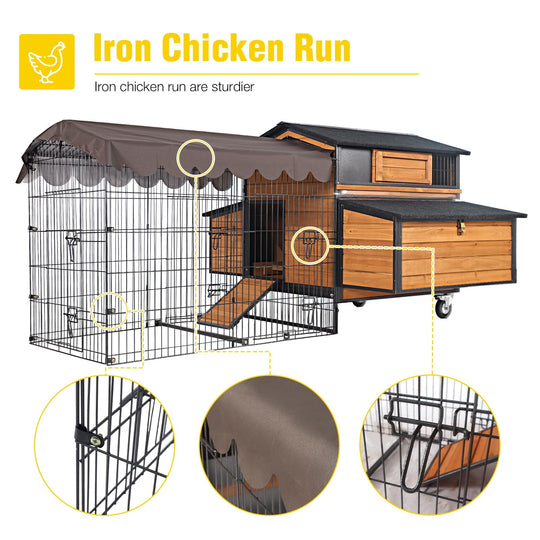 MEDEHOO Extra Large Mobile Chicken Coop with Run, Portable Chicken Tractor with Wheels, Hen House Poultry Cage with All-Around Iron Frame, Metal Sliding Tray, 6 Nesting Boxes for 6-10 Chickens