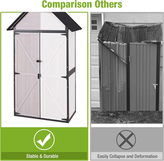 MEDEHOO Outdoor Storage Shed with All Around Strong Metal Frame, Garden Tool Sheds Cabinet with Floor &amp; Adjustable Shelves, Wooden Tool House for Backyard Garden Patio Lawn (White)
