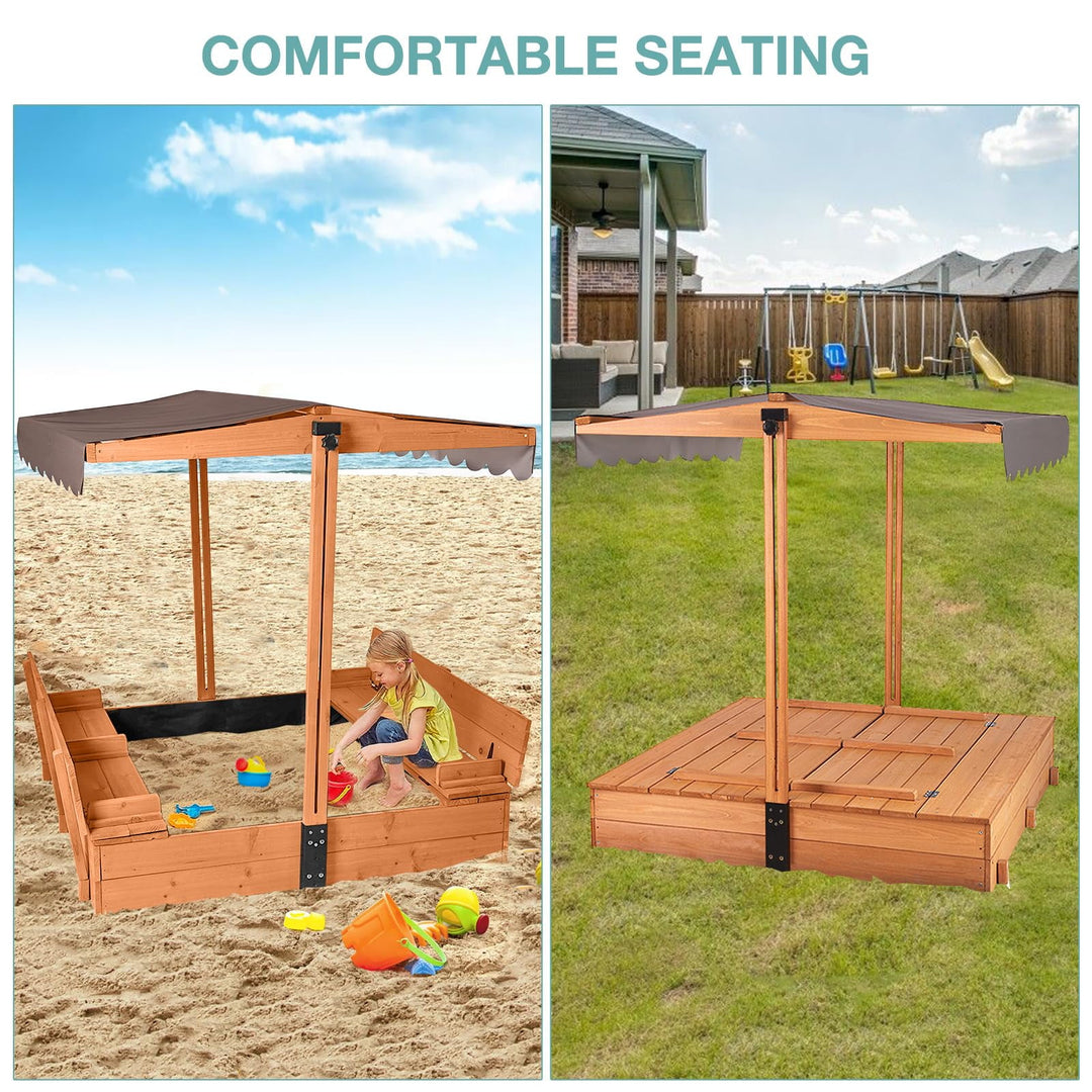 MEDEHOO Large Wooden Kids Sand Box with Cover, Sandbox with Lid Foldable Beench Seats, Sand Boxes for Backyard Garden, Beach Patio Outdoor COL05-A11-WM