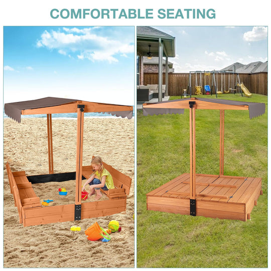 MEDEHOO Large Wooden Kids Sand Box with Cover, Sandbox with Lid Foldable Beench Seats, Sand Boxes for Backyard Garden, Beach Patio Outdoor COL05-A11-WM