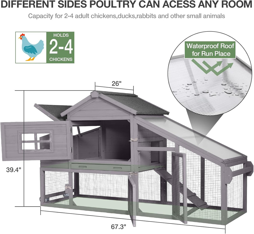 MEDEHOO Mobile Chicken Coop with Wheels, Outdoor Hen House with Leak-Proof Tray, UV-Resistant Roof &amp; Nesting Box for Chickens, Ducks, Rabbits (Grey)