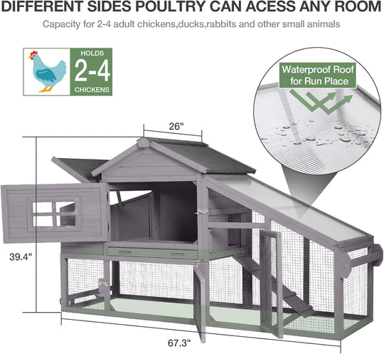 MEDEHOO Mobile Chicken Coop with Wheels, Outdoor Hen House with Leak-Proof Tray, UV-Resistant Roof &amp; Nesting Box for Chickens, Ducks, Rabbits (Grey)