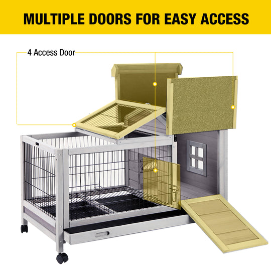 MEDEHOO Rabbit Hutch Indoor and Outdoor, Rabbit Cage with Removable Wire Netting and Leak Proof Tray, Mobile Bunny Cage with Wheels