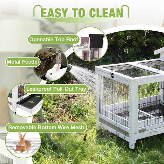 MEDEHOO Rabbit Hutch Indoor and Outdoor, Wooden Rabbit Cage with Wheels, Mobile Bunny House with Leakproof Tray and Removable Wire Floor, Guinea Pig Cage with Run (Brown) RA24-B-2DML-WM