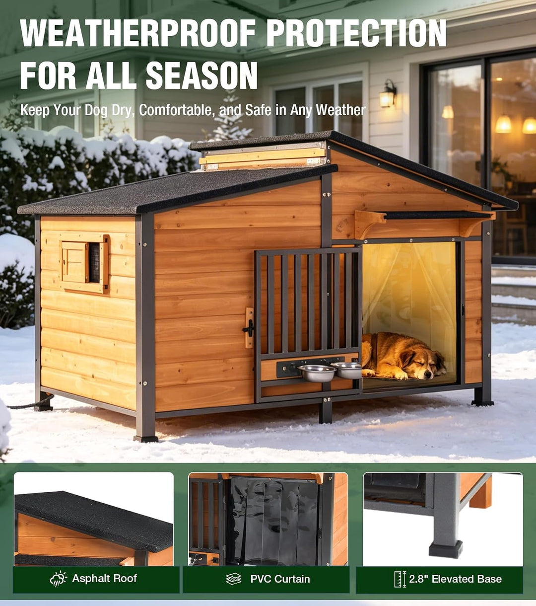 MEDEHOO Extra Large 60" Insulated Heated Dog House with Heating Pad &amp; Insulated Liner, Outdoor Dog House with Chew-Proof Metal Frame for Large Dog Breeds, Brown