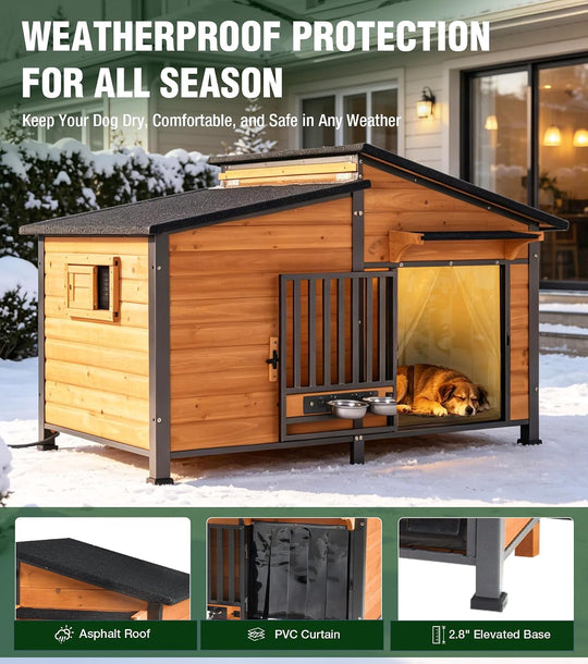 MEDEHOO Extra Large 60" Insulated Heated Dog House with Heating Pad &amp; Insulated Liner, Outdoor Dog House with Chew-Proof Metal Frame for Large Dog Breeds, Brown