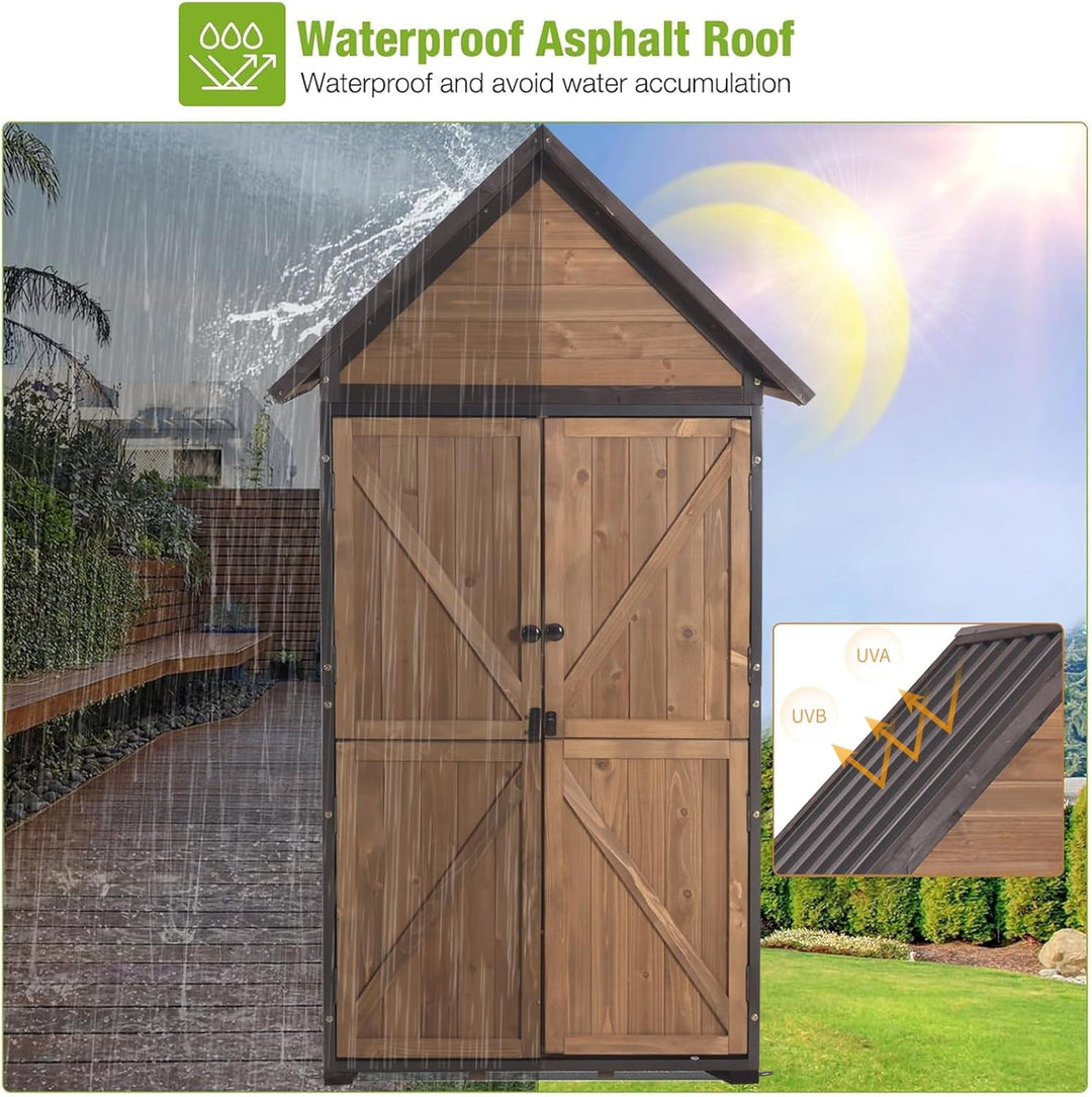 MEDEHOO Outdoor Storage Shed with All Around Strong Metal Frame, Garden Tool Sheds Cabinet with Floor &amp; Adjustable Shelves, Wooden Tool House for Backyard Garden Patio Lawn (Brown)