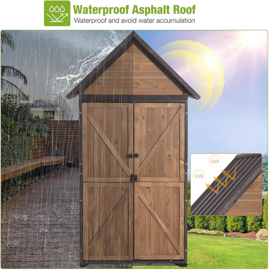 MEDEHOO Outdoor Storage Shed with All Around Strong Metal Frame, Garden Tool Sheds Cabinet with Floor &amp; Adjustable Shelves, Wooden Tool House for Backyard Garden Patio Lawn (Brown)