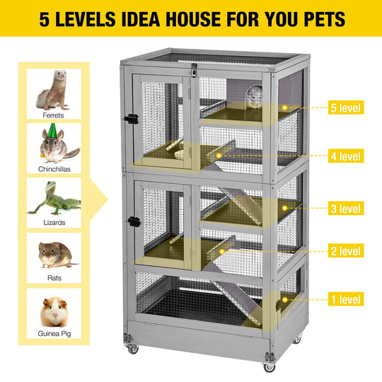 MEDEHOO Ferret Cage Large Chinchilla Cage Upgrade Metal Frame Rat Cage, 5 Levels