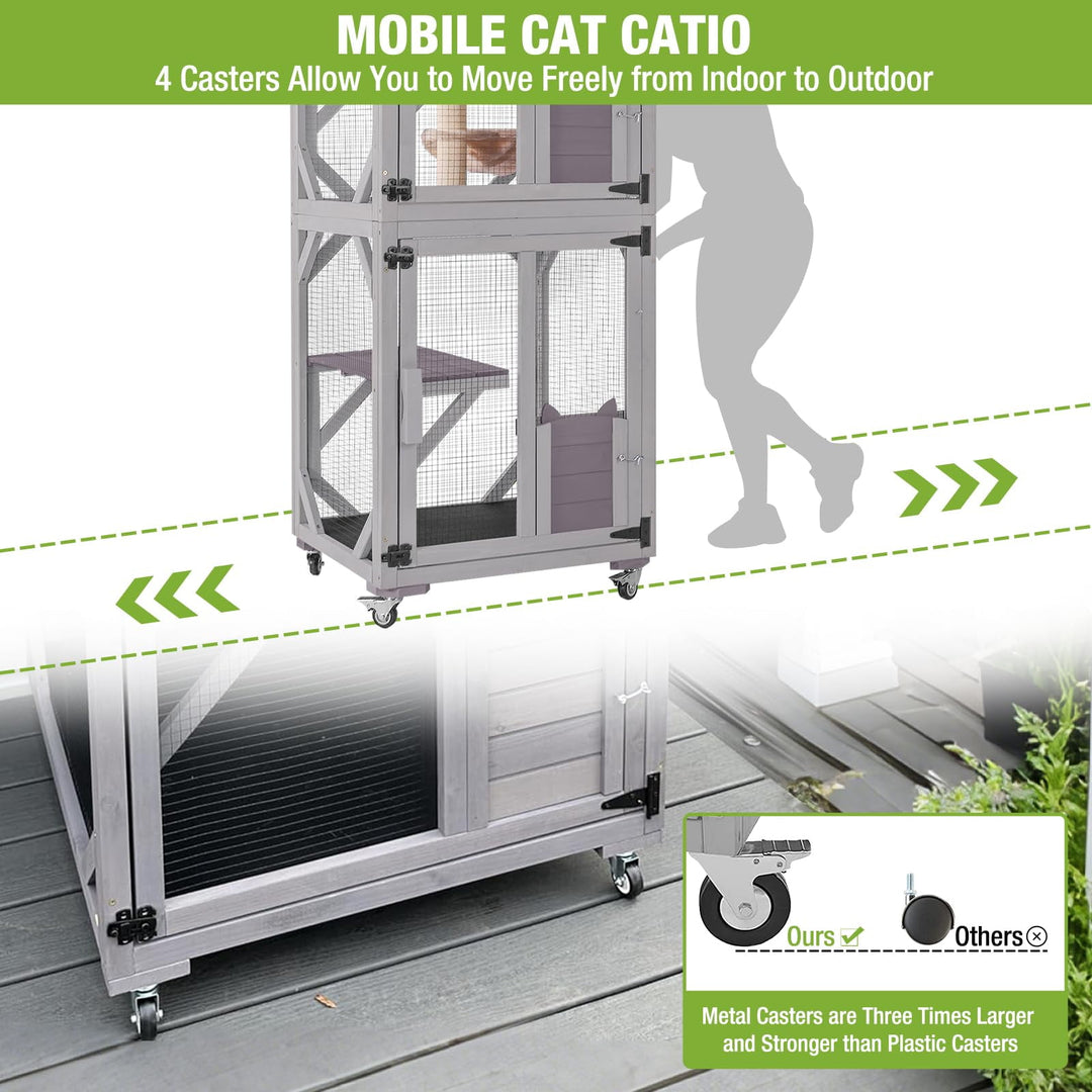 MEDEHOO Cat House Outdoor Catio Cat Enclosure Wheels Large Movable Cat Cages Indoor for Mulitiple Cats with Tarp Roof,Platforms,Resting Box 70.9" AIR22-002J