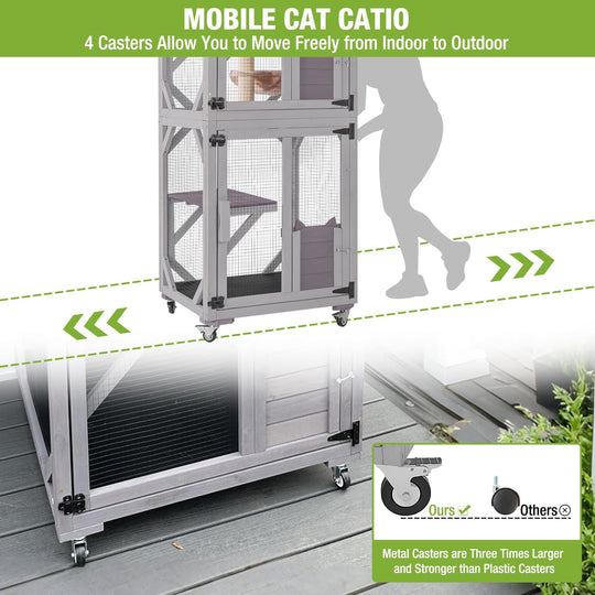 MEDEHOO Cat House Outdoor Catio Cat Enclosure Wheels Large Movable Cat Cages Indoor for Mulitiple Cats with Tarp Roof,Platforms,Resting Box 70.9" AIR22-002J