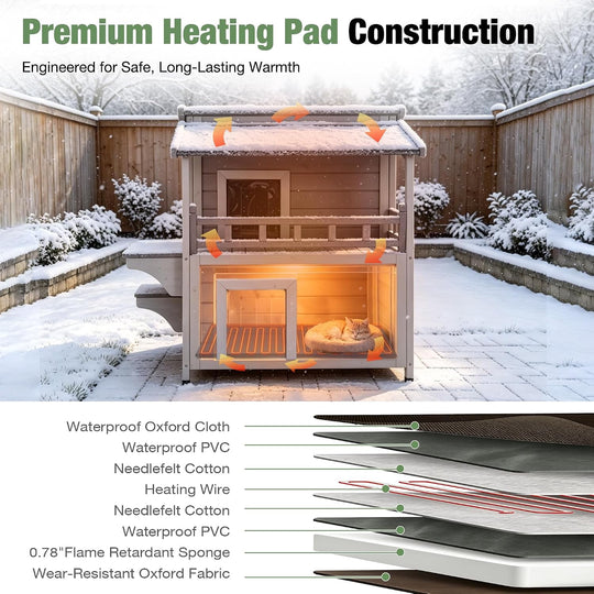 MEDEHOO Heated Outdoor Cat House with Insulated Liner 2-Story Extra Large Weatherproof Feral Cat Shelter with Heating Pad Elevated Base for Outdoor Cats Winter