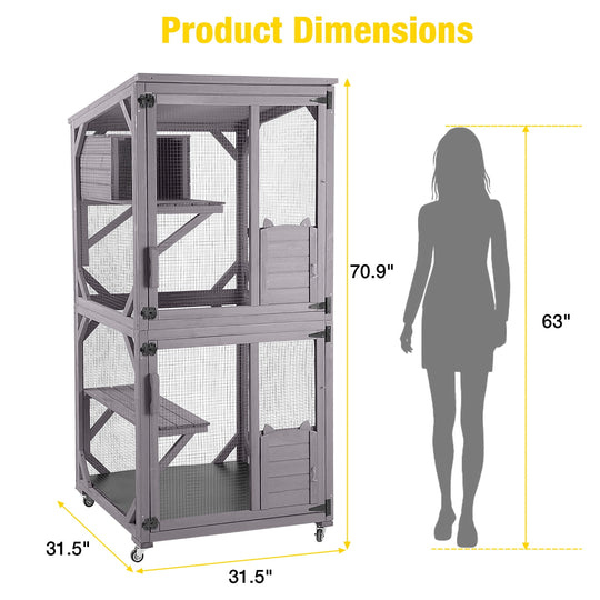 MEDEHOO Catio Outdoor Cat Enclosure with Wheels, Scratching Post, Resting Box and Waterproof Roof for Patio or Garden, 31.5"L x 31.5"W x 70.9"H AIR22-A11-WM