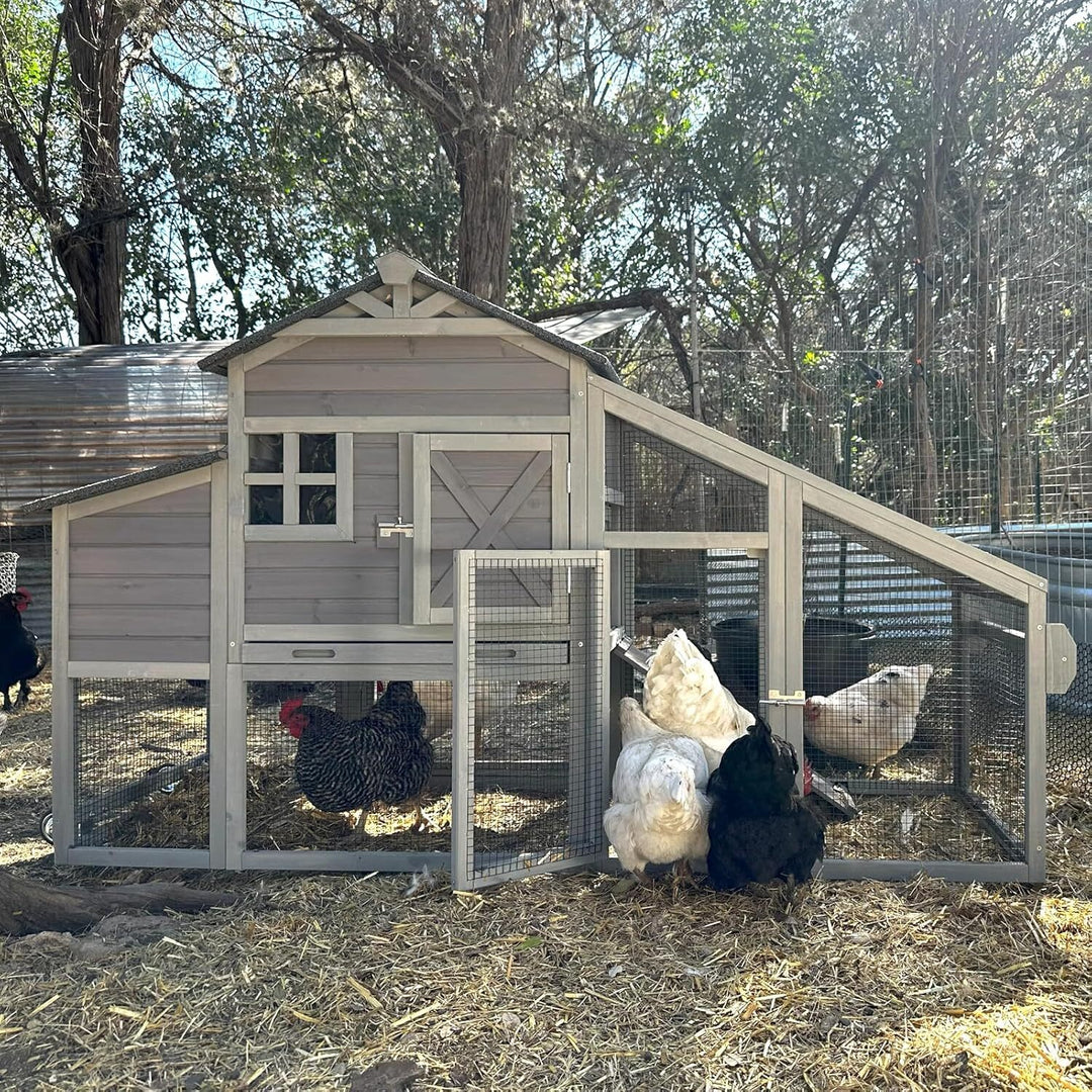 MEDEHOO Wooden Chicken Coop for 4 Chickens Mobile Chicken House on Wheels Expandable Poultry Cage with Large Nesting Box and Pull-Out Tray Grey
