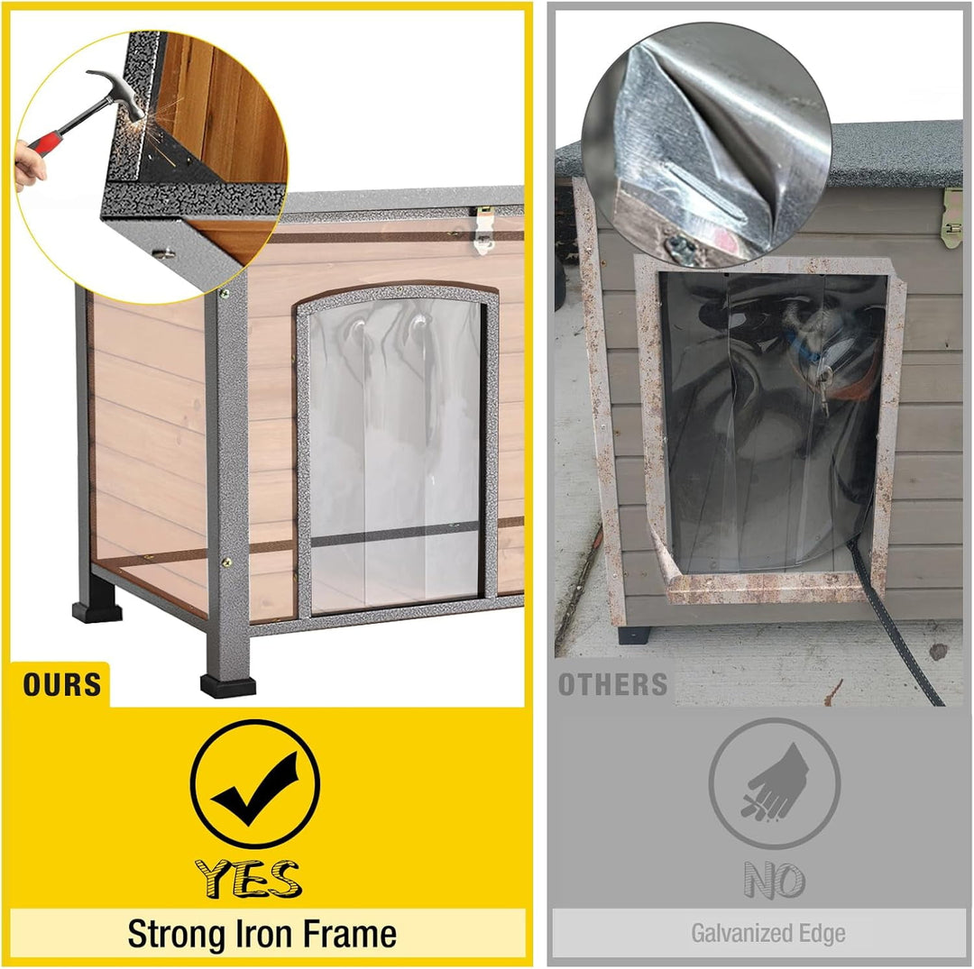 MEDEHOO Insulated Heated Dog House with Insulated Liner &amp; Heating Pad, All-Around Iron Frame Large Outdoor Dog House for Small &amp; Medium &amp; Large Dogs, Waterproof, Brown