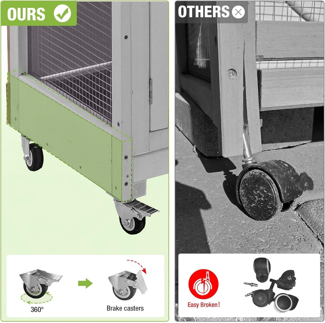 MEDEHOO Rabbit Hutch Indoor, 36'' Bunny Hutch Outdoor, Mobile Rabbit Cage with Wheels, 2-Story Bunny Cage with 2 Pull Out Trays, Wooden Guinea Pig Cage (Grey)