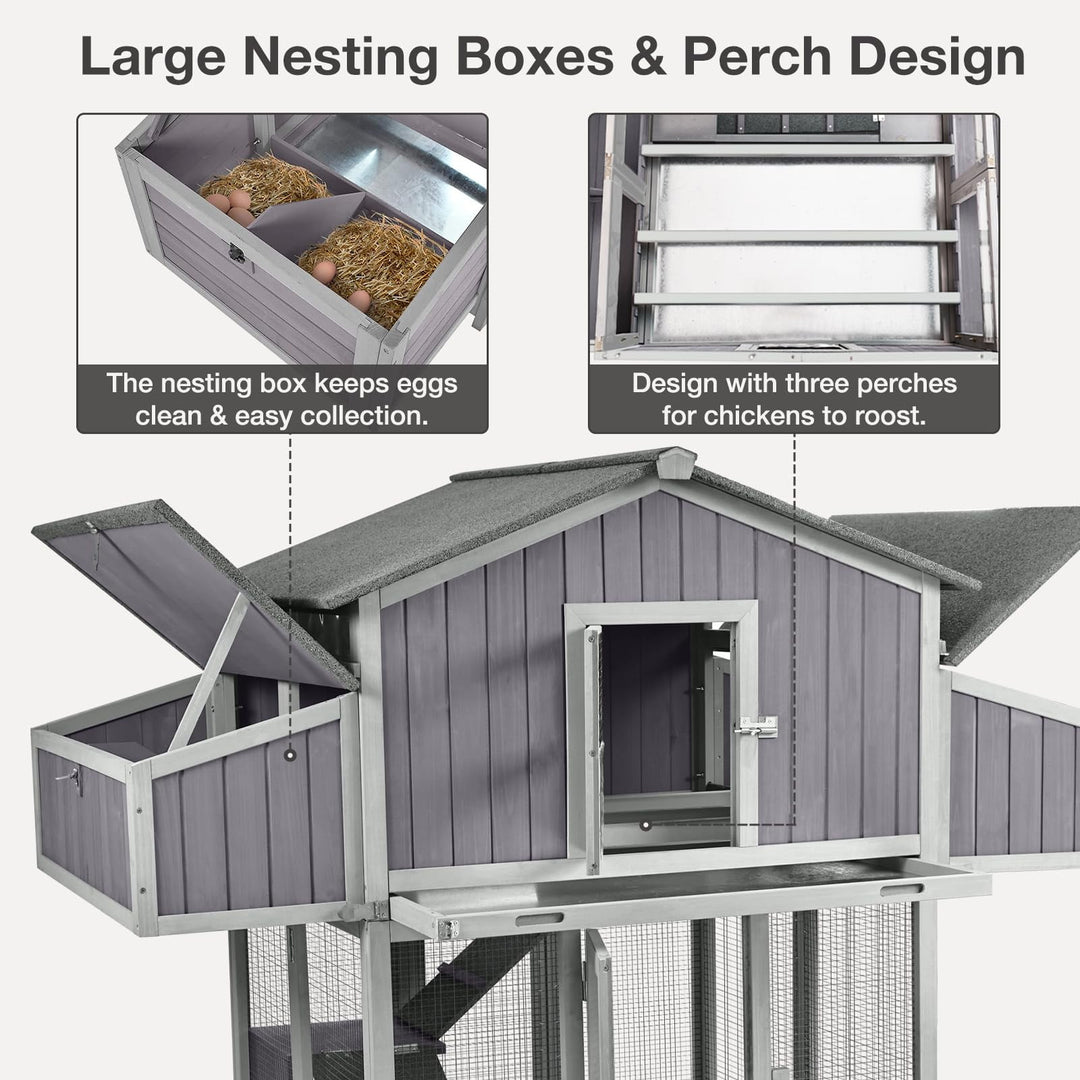 MEDEHOO Large Chicken Coop, Folding Chicken House for Outdoor with Two Nesting Box, Leakproof Pull-Out Tray, UV-Resistant Roof Panel, Gray MED66-WM